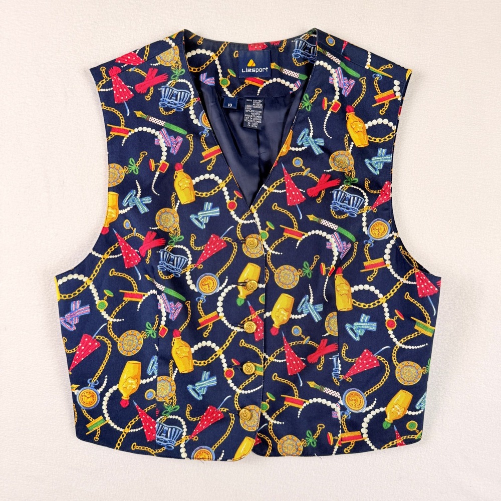 LizSport Novelty Vest Women 10 Navy Blue Gold Chain Equestrian Nautical 90s‎ Fun